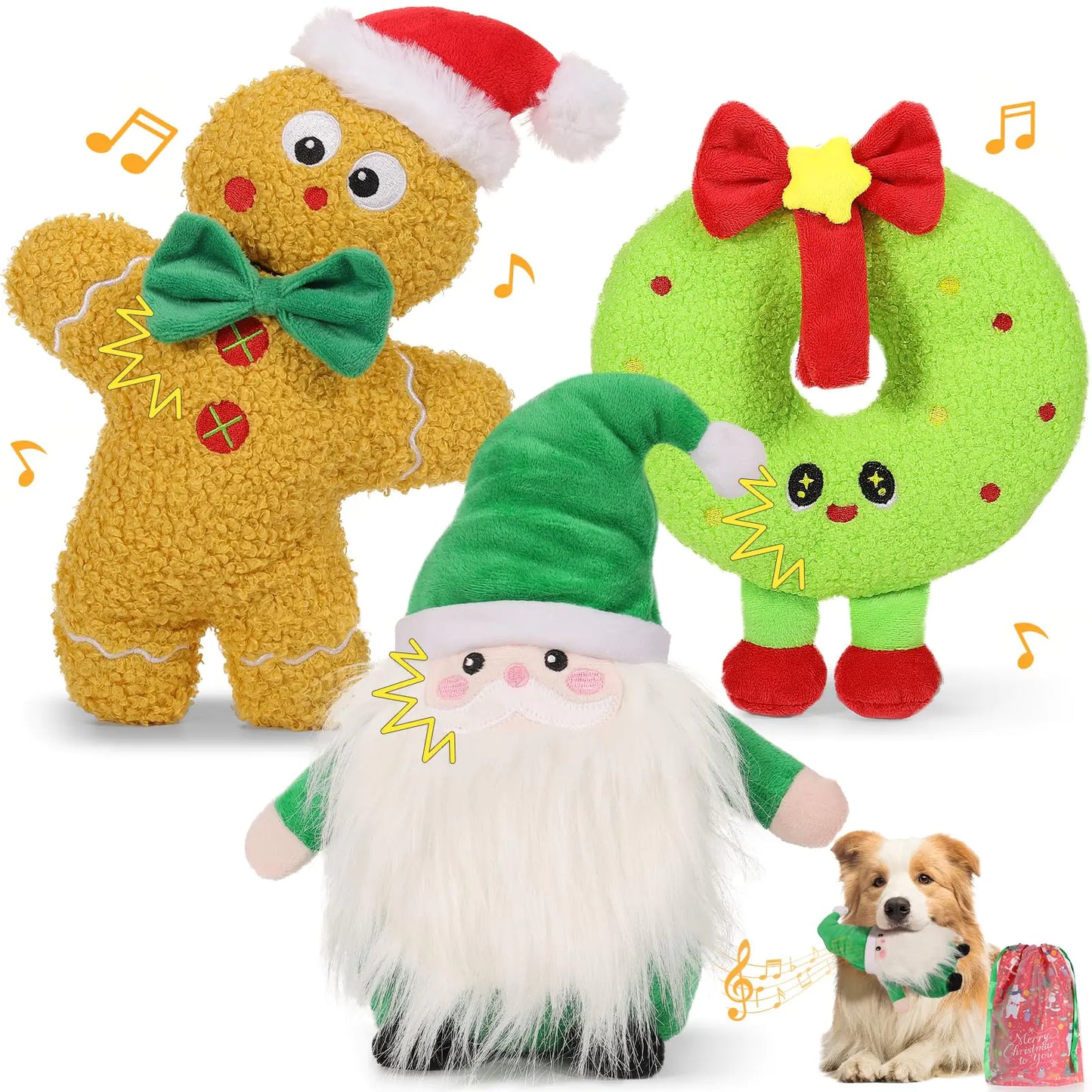 Lewondr Christmas Squeaky Dog Toys 3Pack Xmas Plush Interactive Dog Toys for Small & Medium Dogs Cute Christmas Puppy Toys Dog Chew Toys with Santa Claus Ginger Man Doughnut