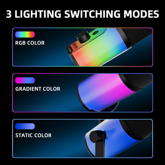 Professional USB XLR Dynamic Microphone with RGB Lights, 3 Recording Modes, Cardioid Condenser Mic for Streaming Podcast Recordi