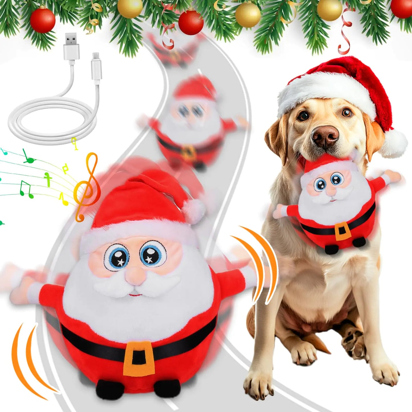 Interactive Dog Toys Christmas Dog Toys with Pop Songs & Recording Mode Rechargeable Self Moving Ball for Small/Medium/Large Puppy Dogs to Keep Them Busy Dog Toys for Boredom Exercise (Santa)