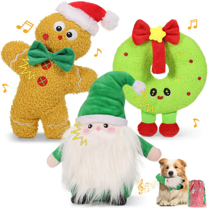 Lewondr Christmas Squeaky Dog Toys 3Pack Xmas Plush Interactive Dog Toys for Small & Medium Dogs Cute Christmas Puppy Toys Dog Chew Toys with Santa Claus Ginger Man Doughnut
